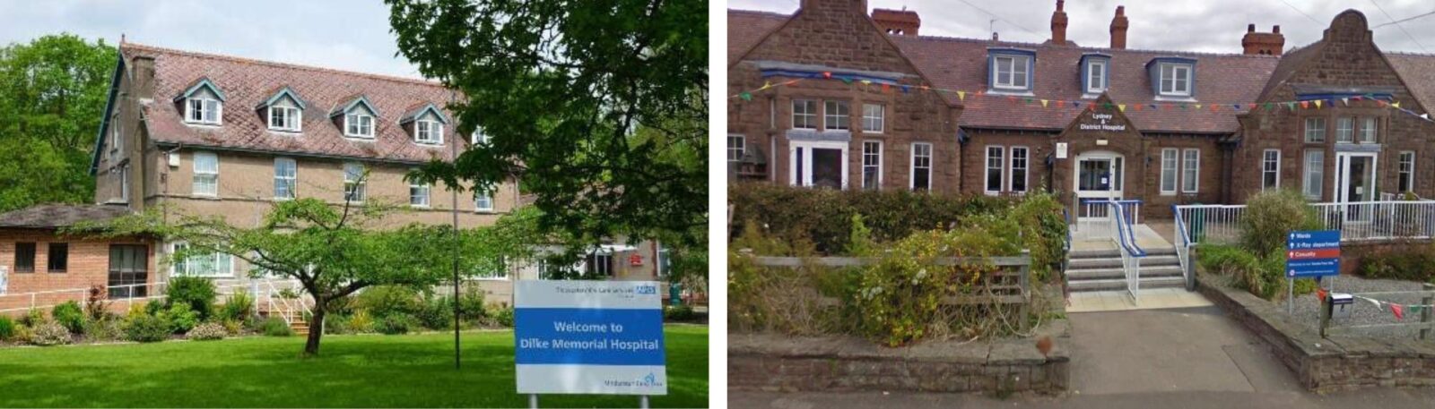 Photos of the front of the Dilke and Lydney hospitals