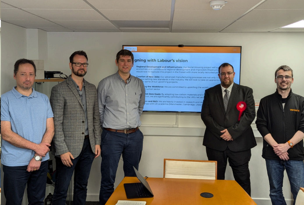 Dr Daniele Annichiarico (Senior Scientist), Ben Harries (Head of 3D Construction Printing), Dr Stephen Hodge (CEO of Versarien), Matt Bishop, Dr David Reinoso Arenas (Application Scientist). 